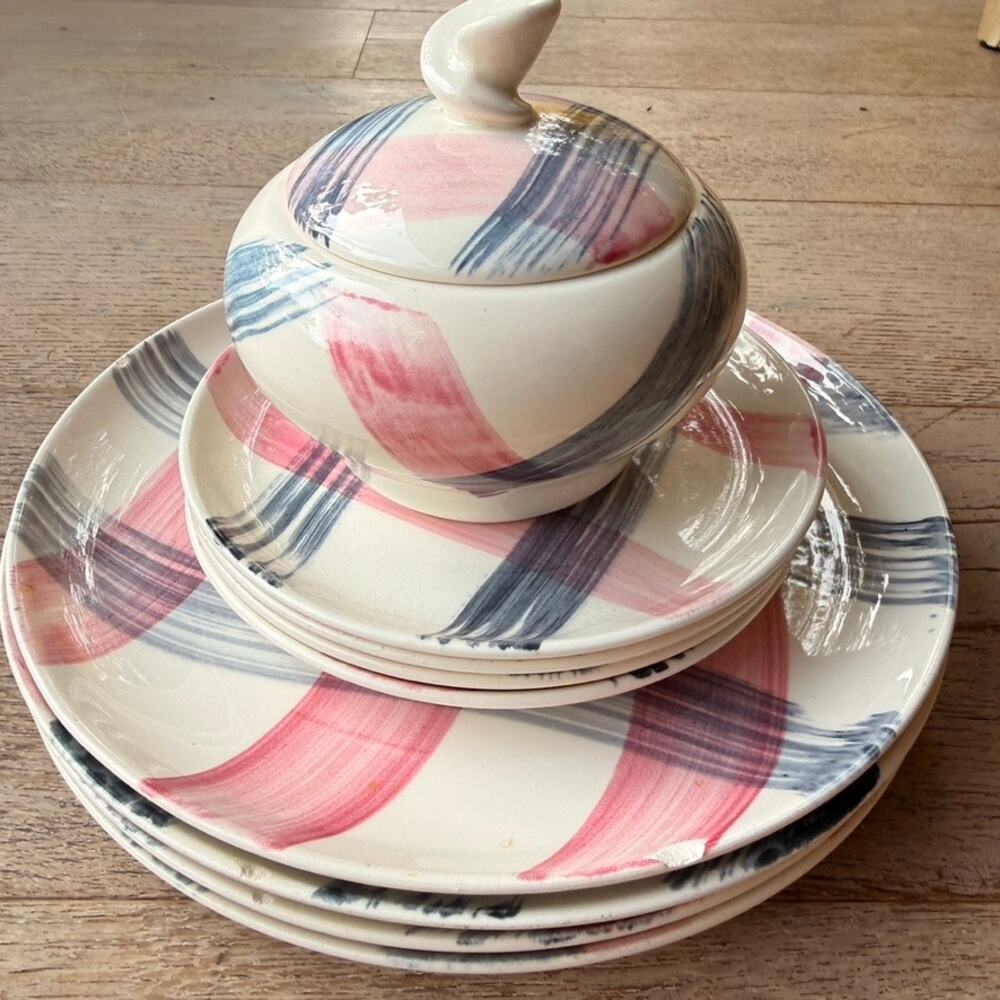 Vintage Stetson Scots Clan Pink Plaid Dinnerware Set 9pc MCM Plates Sugar Bowl